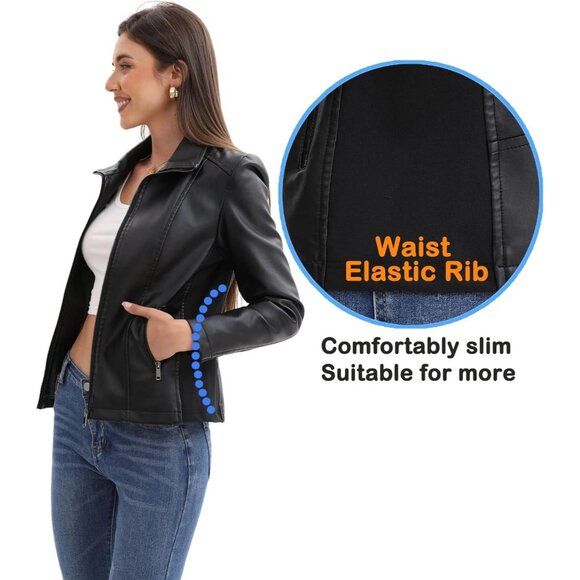 Women Black Faux Leather Motorcycle Jacket Zip Up Trendy Going Out Coat - Picture 3 of 6